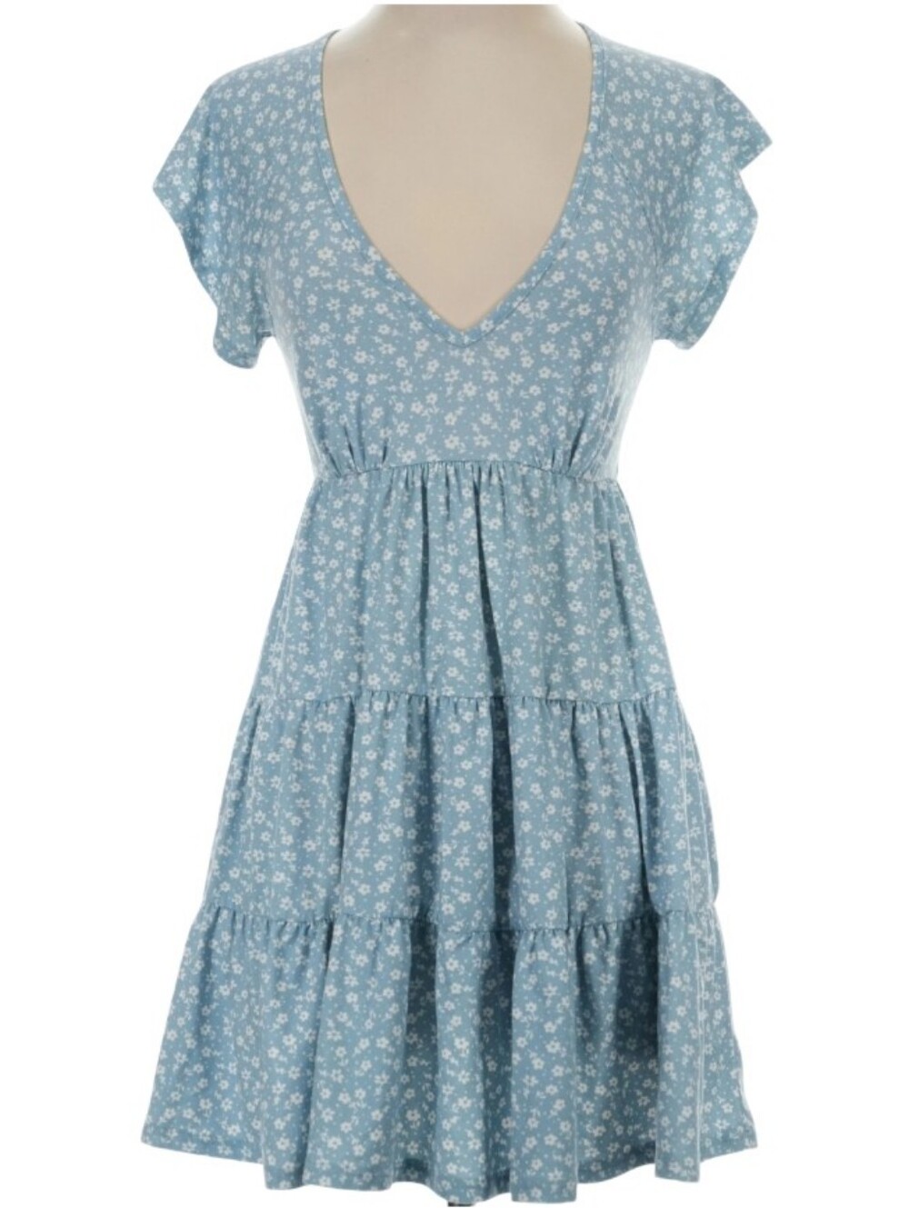 URBAN OUTFITTERS Light Blue Julia Ditsy Floral Tiered Ruffle Mini Dress Sz S EUC